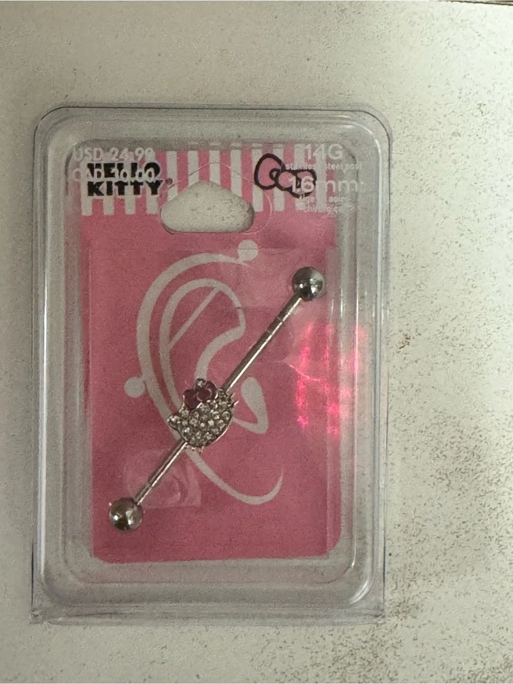 Hello Kitty Silver Barbell with Pink and Clear Gems